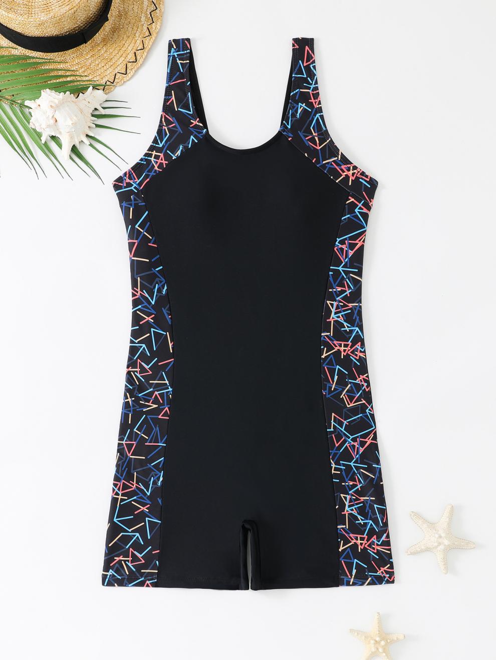 Womens Athletic One-Piece Swimsuit With Geometric Print Panels